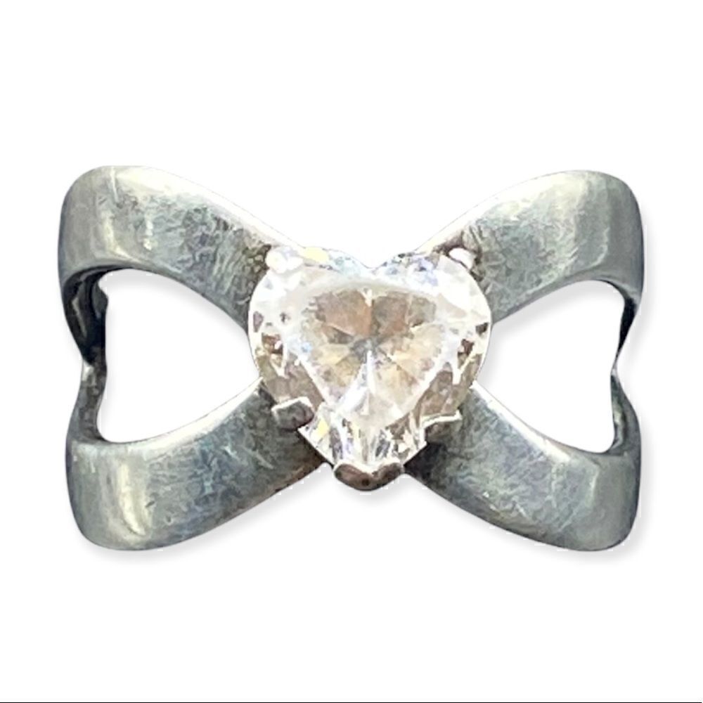 Heart CZ Ladies Bow Ring Sterling Silver size 6.75 Signed DQ Korea 925